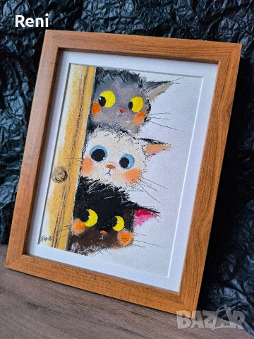 Любопитни котета, илюстрация оригинал, въглен/пастел, снимка 2 - Картини - 53872673