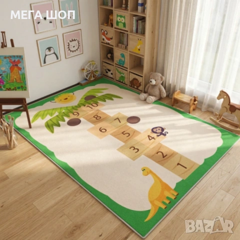 Детски килим за игра 120х160см - Бял килим с динозавър и дама-палма, противоплъзгащ и миещ се