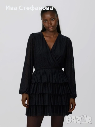 Нова луксозна къса черна елегантна волани къдри  рокля V образно деколте , снимка 4 - Рокли - 49299784