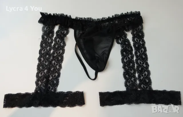 Мъжко еротично бельо с вградени жартиери и черни прашки от прозрачен тюл, снимка 1