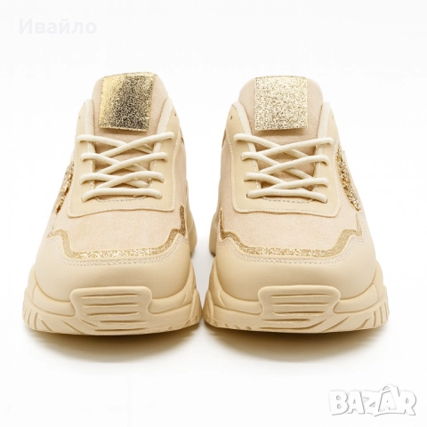 Дамски бежови сникърси с масивна подметка и златисти акценти, снимка 2 - Дамски ежедневни обувки - 52096701