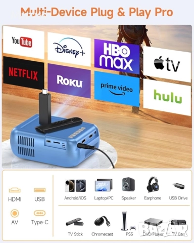 Мини проектор с WiFi и Bluetooth, преносим мини проектор за iPhone, външни филмови проектори, поддър, снимка 6 - Плейъри, домашно кино, прожектори - 52922422