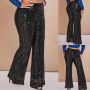 Уникален луксозен еластичен панталон с фина подплата, пайети, широки крачоли и ластична талия, снимка 1 - Панталони - 45438463