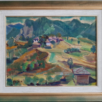 Вера Къдринова 1904 - 1986 Родопски къщи пейзаж маслени бои, снимка 1 - Картини - 44950399