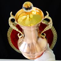 Медна кана,амфора,ваза с позлатен капак,кристал. , снимка 3 - Антикварни и старинни предмети - 45204154