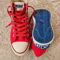 Дамски унисекс кецове маратонки обувки в червено и със син акцент от Pony пънк винтидж стил, снимка 2 - Маратонки - 45697632