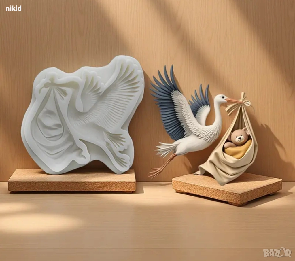 Щъркел с вързоп мече силиконов молд форма фондан шоколад гипс, снимка 1