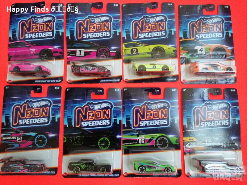 💕🧸Hot Wheels Neon Speeders Set Porsche 911 GT3, McLaren F1 GTR, BMW M3 GT2, `16 Mercedes AMG GT3  , снимка 1