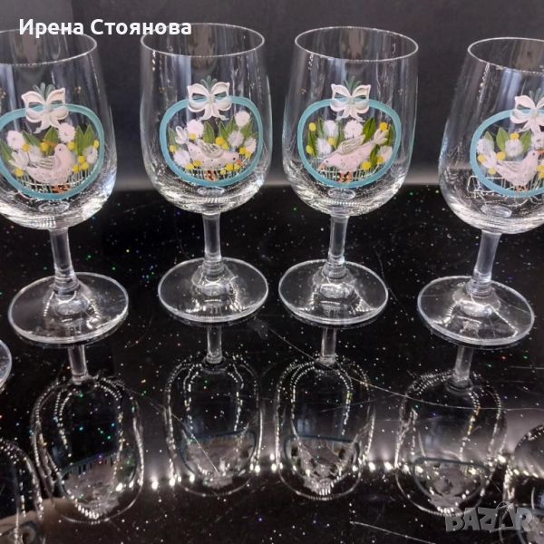 Комплект от уникални, ръчно  рисувани, тънкостенни, кристални чаши за вино. Декор птици , снимка 1