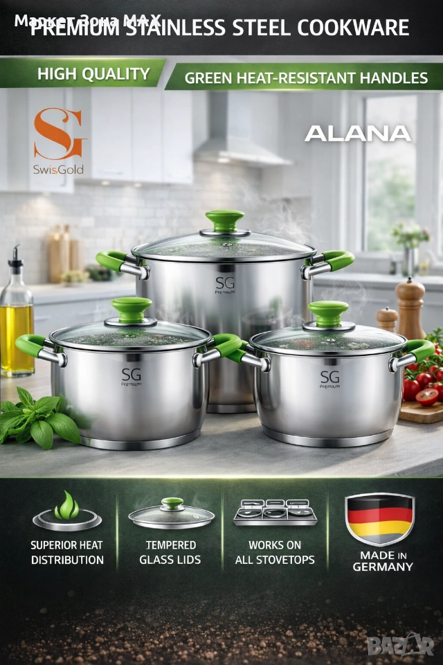 Триумфът на готвенето – комплект тенджери с 5-слойно дъно и стилни зелени дръжки, незалепващи , снимка 1