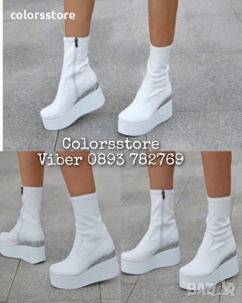 Боти на платформа - бяла кожа с бронз брокат - 121K , снимка 1