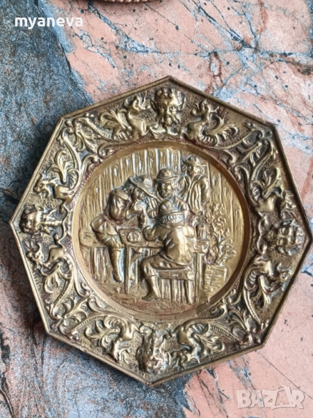 Vintage, метална, осмоъгълна чиния, пано в холандски или фламандски стил. , снимка 1
