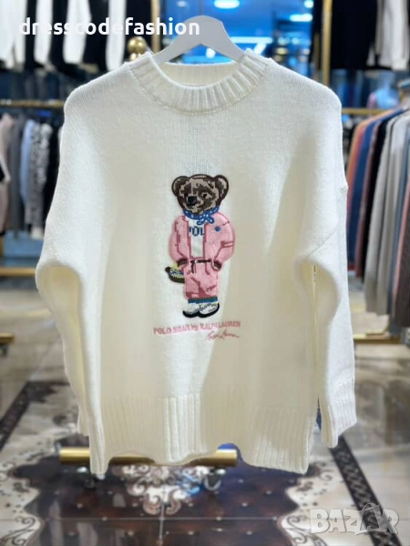 Дамски бял пуловер с мече Polo RL, снимка 1