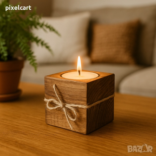 Ръчно изработен свещник от дърво - единичен, снимка 1