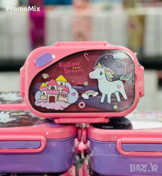 Детска кутия за храна Еднорог и приказен замък Комплект кутия за храна с прибори Кутия за училище , снимка 1