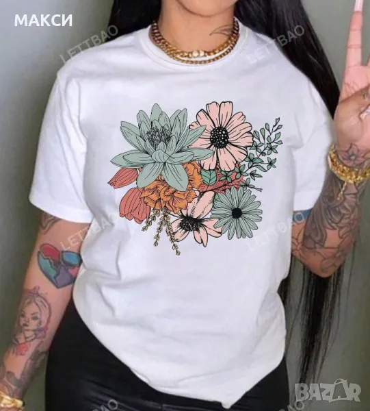 Макси модерна луксозна еластична и много мека тениска в бяло с красиви цветя - много меко, силно ела, снимка 1