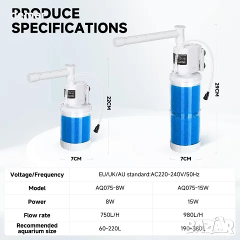 AQQA 15 W потопяема филтърна помпа за аквариум с регулируем воден поток, 190-380 л, снимка 5 - Оборудване за аквариуми - 47000482