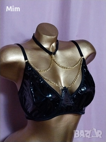 1XL Черен сутиен от лак / винил /със златист синджир с чокър , снимка 4 - Бельо - 52450685