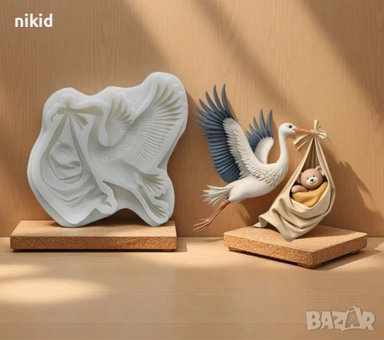 Щъркел с вързоп мече силиконов молд форма фондан шоколад гипс