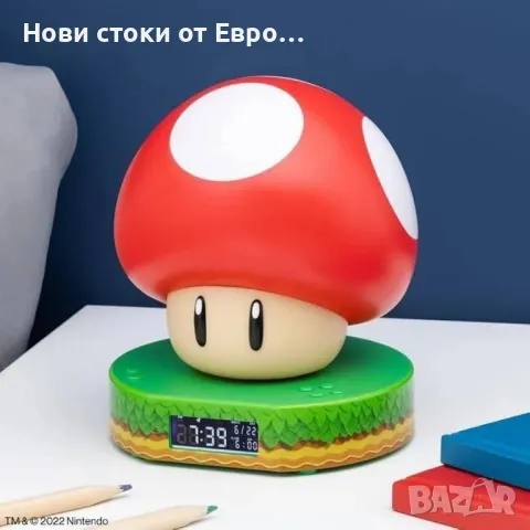 Super Mario Bros Дигитален будилник с гъби с включен звук на играта и светене на нощна светлина, снимка 2 - Настолни лампи - 49531733