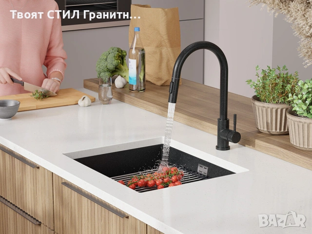 Графит кухненска мивка за вграждане под плот Прага 60 Level 560 x 470 мм, снимка 4 - Мивки - 53986231