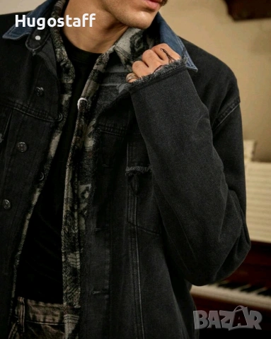 Ново мъжко дънково яке риза черно и синьо двойно деним памук XХЛ, снимка 7 - Якета - 53045684