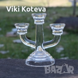 Стъклен троен свещник, снимка 1