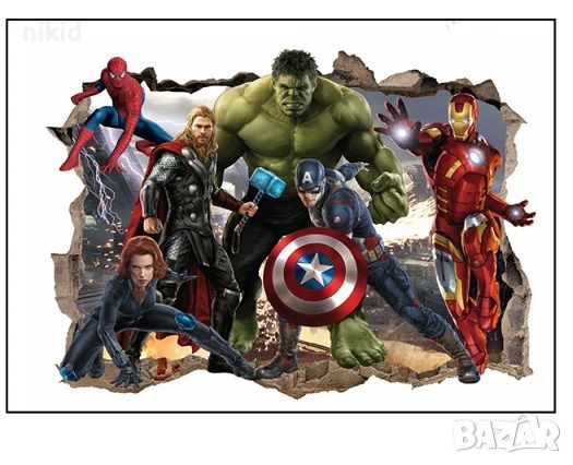 герои avengers Марвел Капитан Америка Хълк Айрън мен Тор Отмъстителите Спайдърмен стикер за стена , снимка 1 - Други - 46375760