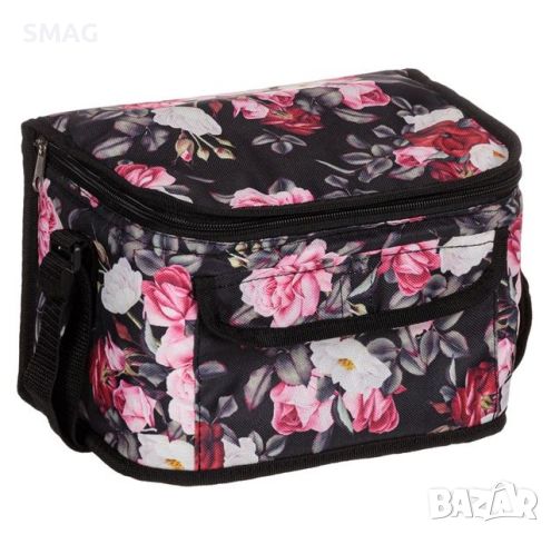 Изотермална чанта правоъгълна черна на цветя с цип 25x18x16см, снимка 1 - Хладилни чанти - 46392777