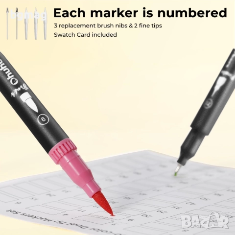  Ohuhu Maui Series маркери с два писеца тип четка и тънък писец, Ohuhu 100 цвята , снимка 3 - Ученически пособия, канцеларски материали - 52182038