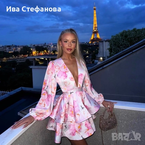 Нова луксозна рокля Fashion Room розов флорал волани къдри Уникална, женствена и супер ефектна рокля, снимка 3 - Рокли - 54148867