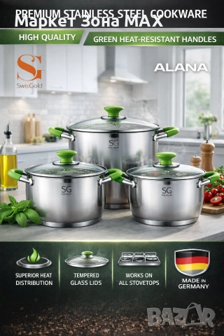 Триумфът на готвенето – комплект тенджери с 5-слойно дъно и стилни зелени дръжки, незалепващи 