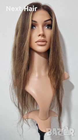 Естествена перука, кафява с руси кичури, 60 см, Lace 4х4, снимка 2 - Аксесоари за коса - 53351970