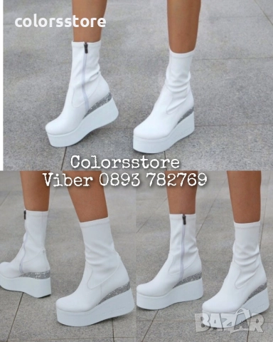 Боти на платформа - бяла кожа с бронз брокат - 121K 