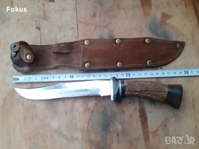 Страхотен ловен нож гравиран и надписан с кожена кания, снимка 6 - Антикварни и старинни предмети - 54031254