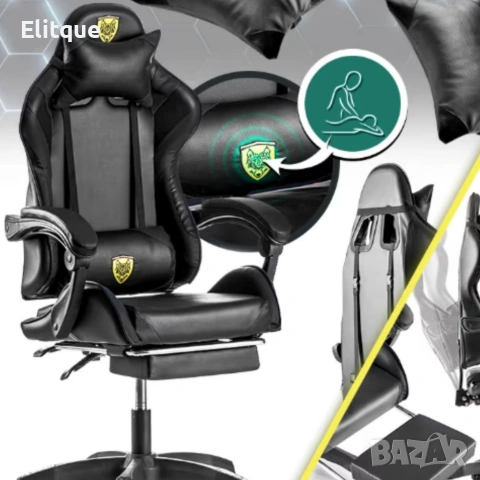 Черен геймърски стол с прибираща се поставка за крака – максимален комфорт при дълги часове игра, снимка 4 - Столове - 53241459