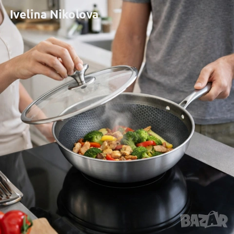 Уок тиган с капак Goldmann Fusionhex Pro GM 1128-28WK, 28x8.5 см., Незалепващо Покритие, Неръждаема , снимка 3 - Съдове за готвене - 53646742
