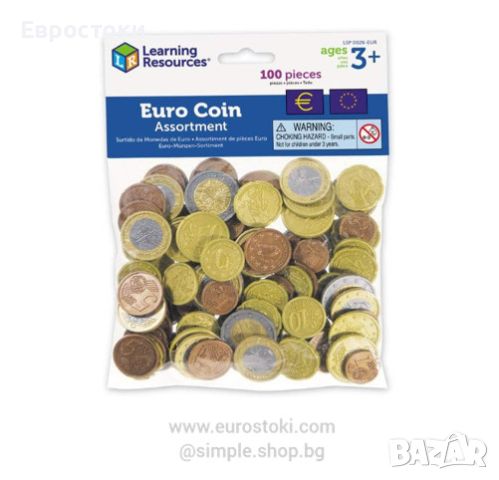 Играчки монети евро, комплект от 100 броя, детски монети за игра и обучение