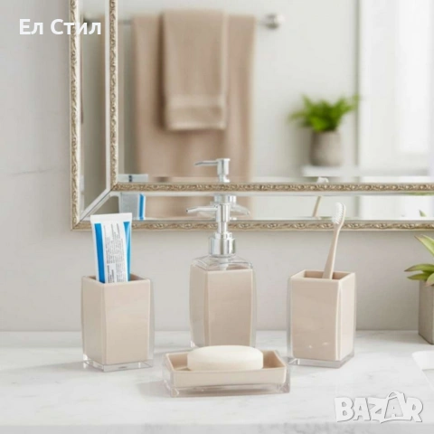 Комплект аксесоари за баня Cheffinger – 4 части, дозатор за сапун, чаша за четки и сапунерка, снимка 2 - Други стоки за дома - 53573346