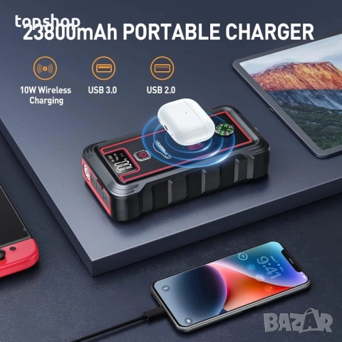 Нов джъмп стартер YR800, 23800mAh, безжично зареждане 10W, за автомобили 8.0L бензин и 7.0L дизел, снимка 2 - Аксесоари и консумативи - 51636313
