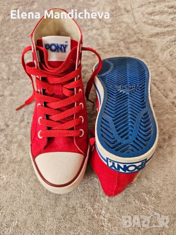 Дамски унисекс кецове маратонки обувки в червено и със син акцент от Pony пънк винтидж стил, снимка 2 - Маратонки - 45697632