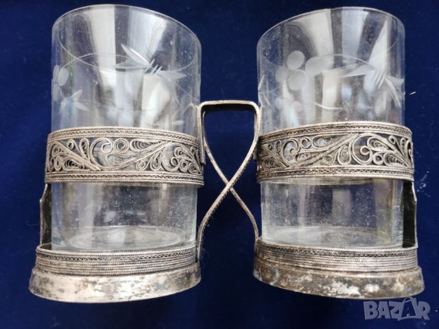 подстакани мелхиор - 2 к-та х 6 броя с оригинални чаши, мод. "Горкий" и мод. "Латы", посребрени СССР, снимка 4 - Други стоки за дома - 47009431