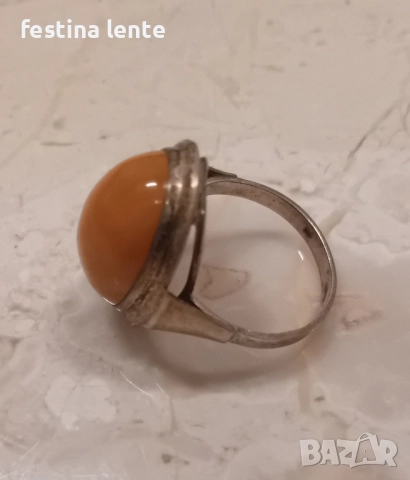 Стар руски сребърен пръстен с кехлибар, снимка 4 - Пръстени - 52405507