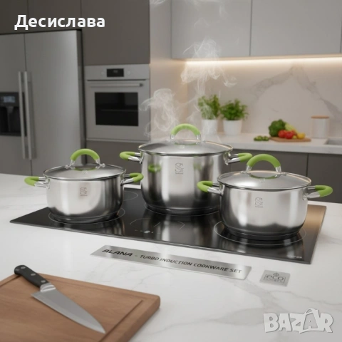 Комплект тенджери Swissgold Alana – 3 броя с капак от неръждаема стомана с 5-слойно капсулно дъно, снимка 2 - Съдове за готвене - 53050952