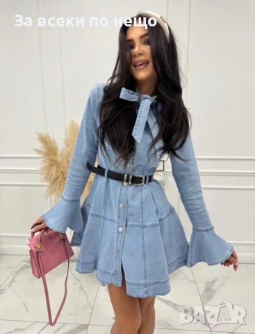 Синя Дънкова Дамска Къса Рокля С Колан И Връзка Код Roni19, снимка 2 - Рокли - 53481142