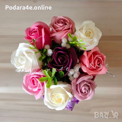 Ароматен букет в розова керамична саксийка с 9 рози от сапун. Идеален подарък за всеки повод , снимка 6 - Декорация за дома - 46245483
