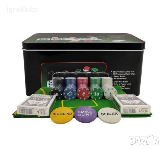 Голям сет Покер в метална кутия 200бр. POKER SET TEXAS с карти и постелка, снимка 5 - Рулетки - 46635683