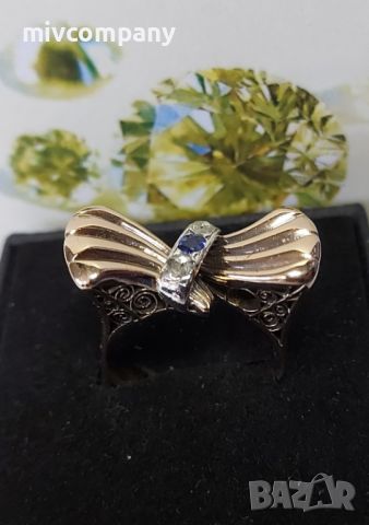 Златен пръстен 10.94гр.14 К с диаманти 0.09ct и сапфир 0.075ct +сертификат	, снимка 1 - Пръстени - 45223390