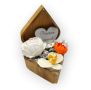 Дървена кутия сърце със сапунени цветя в оранжаво, бяло и кремаво