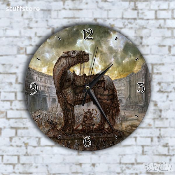 Стенен Часовник - Красива Старинна Крепост Голям Дървен Кон Арт, снимка 1